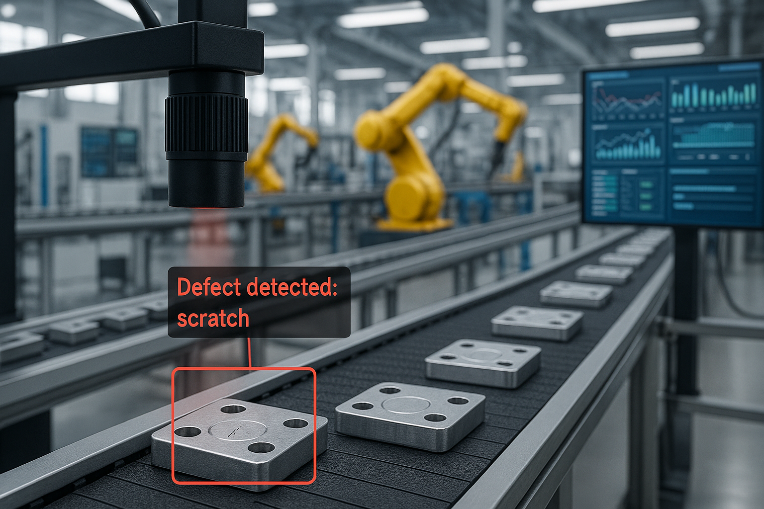 AI-powered defect detection in manufacturing showing automated inspection system identifying surface scratches on metal components